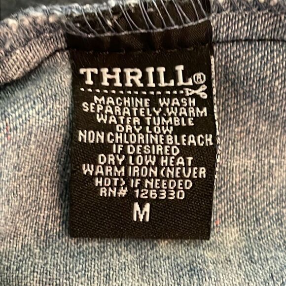 Thrill Acid Wash Long Duster Jean Jacket Womens Medium Graphic Print Distressed - Picture 2 of 12